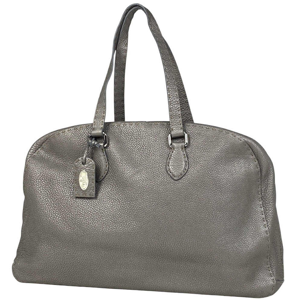 Fendi Selleria Boston Bag Logo Handbag Leather Silver Gray